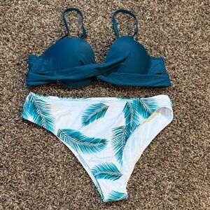 Teal Twist-Front Bikini Top with Palm-Print White Bikini Bottom - Women Swim